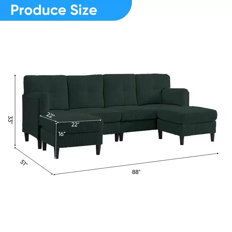Mjkone Canapé modulable réversible en velours côtelé en forme de U, rembourré 4 places avec pouf mobile