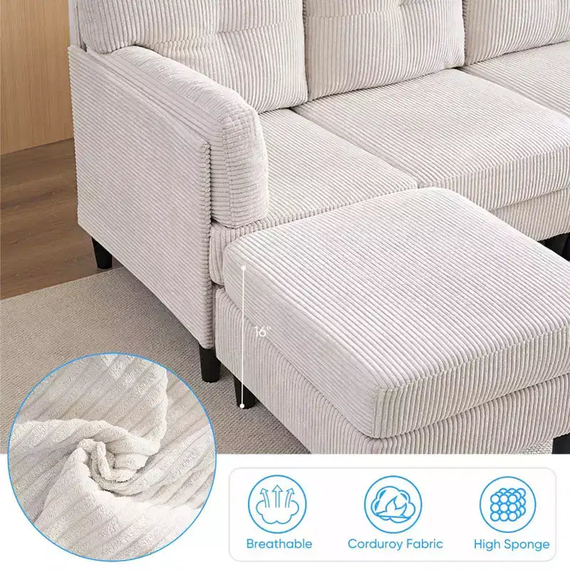 Mjkone Canapé modulable réversible en velours côtelé en forme de U, rembourré 4 places avec pouf mobile