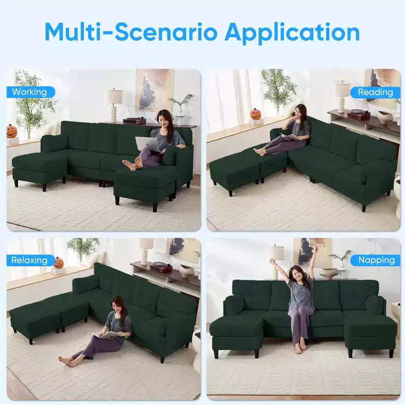 Mjkone Canapé modulable réversible en velours côtelé en forme de U, rembourré 4 places avec pouf mobile