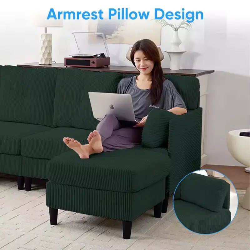 Mjkone Canapé modulable réversible en velours côtelé en forme de U, rembourré 4 places avec pouf mobile