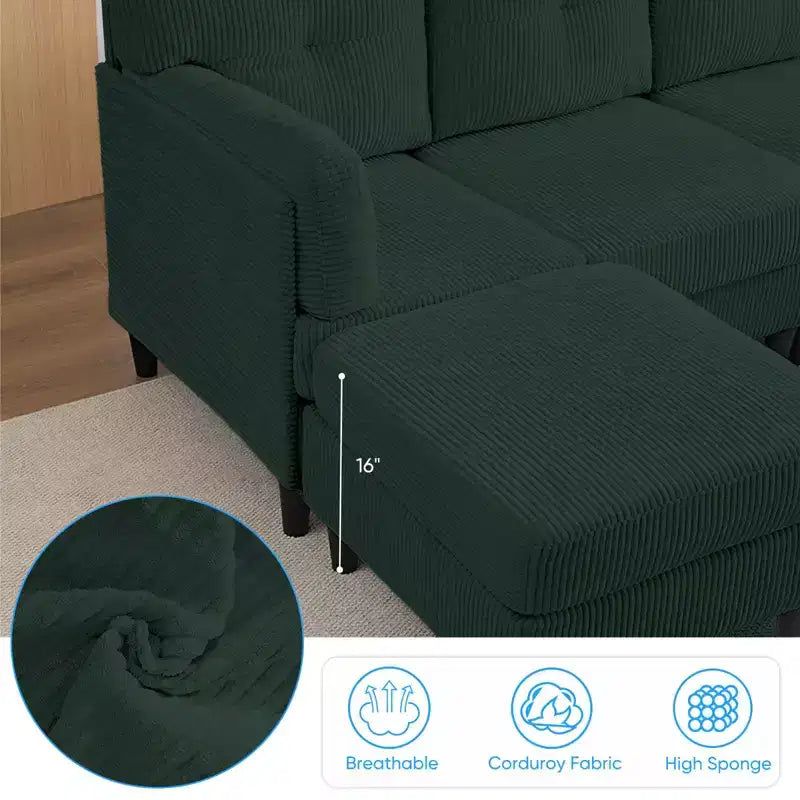 Mjkone Canapé modulable réversible en velours côtelé en forme de U, rembourré 4 places avec pouf mobile