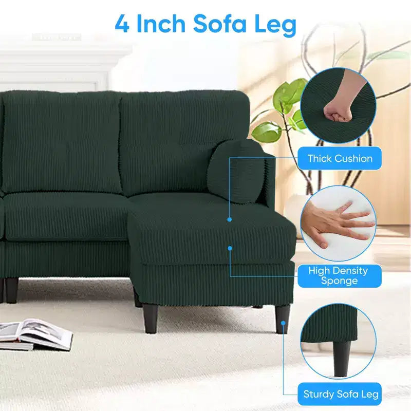 Mjkone Canapé modulable réversible en velours côtelé en forme de U, rembourré 4 places avec pouf mobile