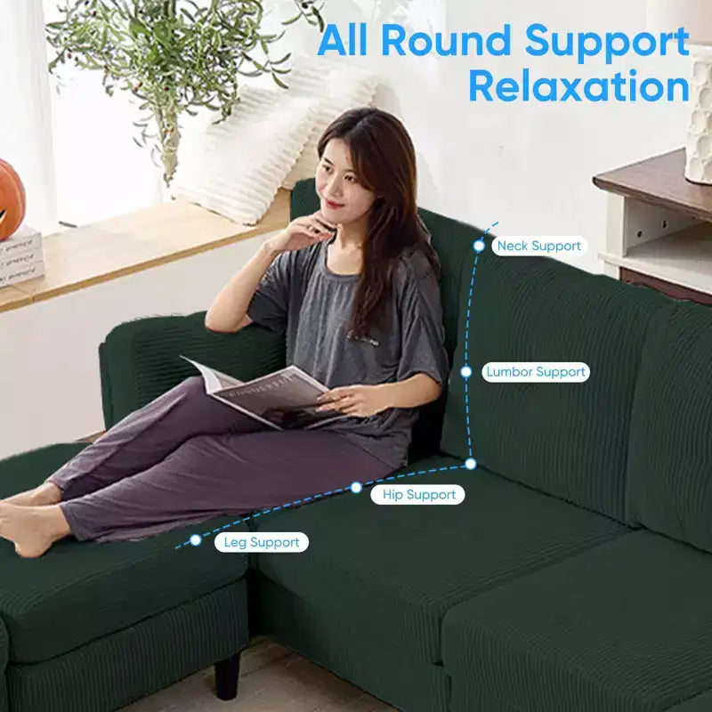 Mjkone Canapé modulable réversible en velours côtelé en forme de U, rembourré 4 places avec pouf mobile