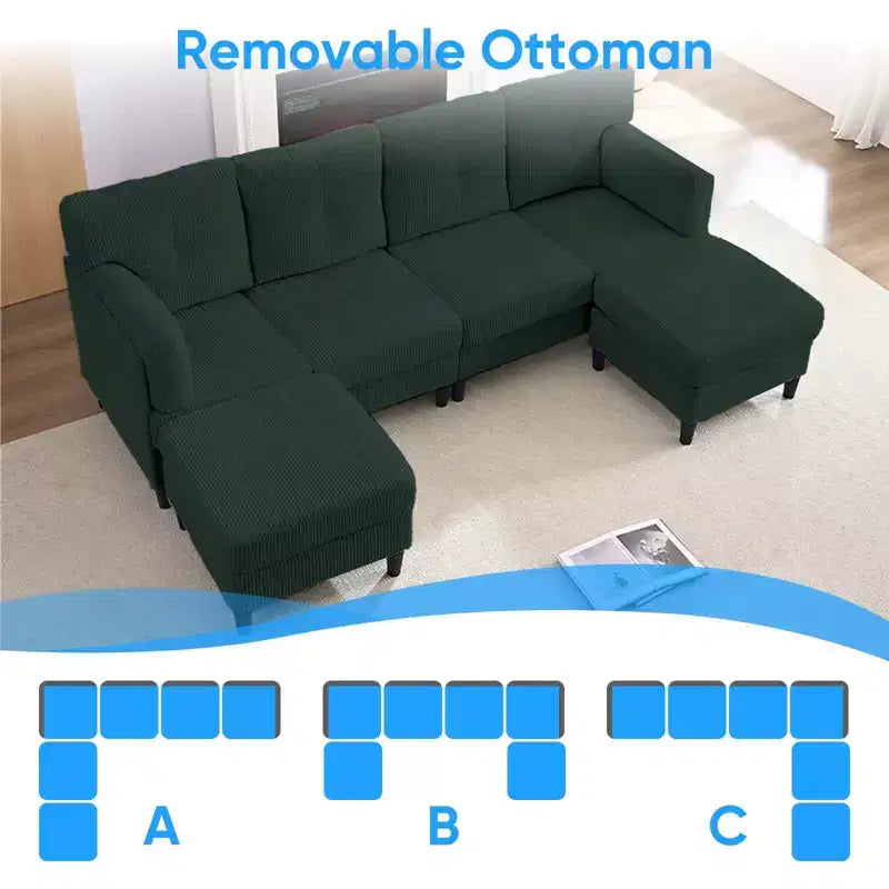 Mjkone Canapé modulable réversible en velours côtelé en forme de U, rembourré 4 places avec pouf mobile