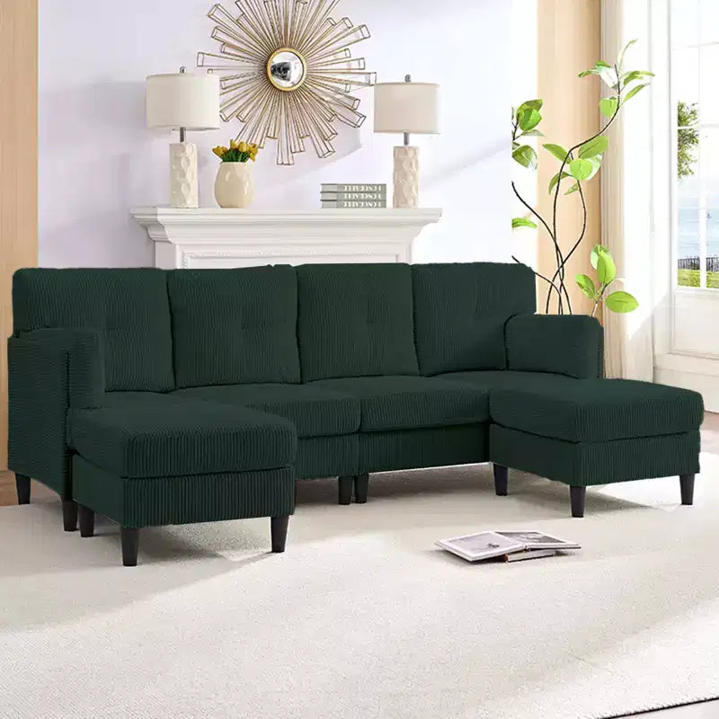 Mjkone Canapé modulable réversible en velours côtelé en forme de U, rembourré 4 places avec pouf mobile