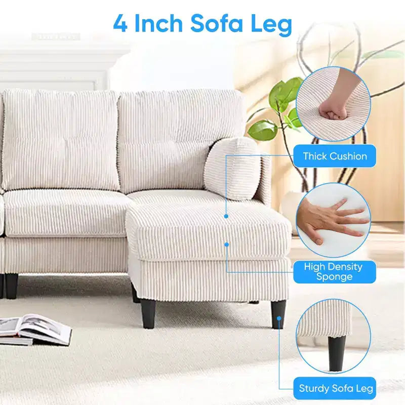 Mjkone Canapé modulable réversible en velours côtelé en forme de U, rembourré 4 places avec pouf mobile