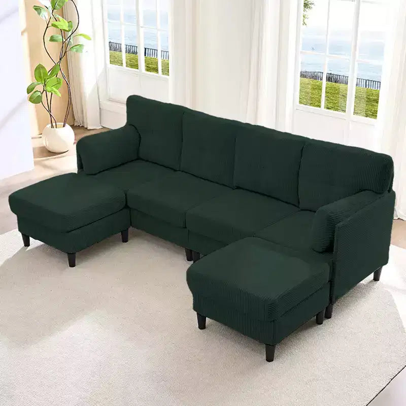 Mjkone Canapé modulable réversible en velours côtelé en forme de U, rembourré 4 places avec pouf mobile