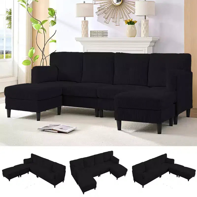 Mjkone Canapé modulable réversible en velours côtelé en forme de U, rembourré 4 places avec pouf mobile