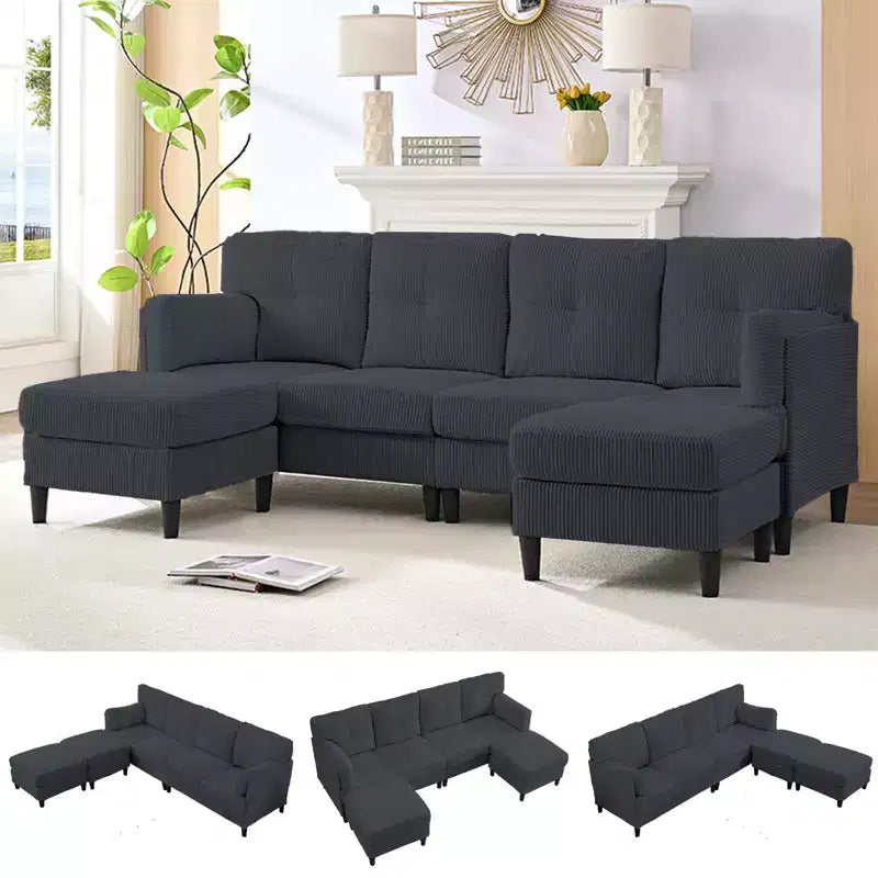 Mjkone Canapé modulable réversible en velours côtelé en forme de U, rembourré 4 places avec pouf mobile
