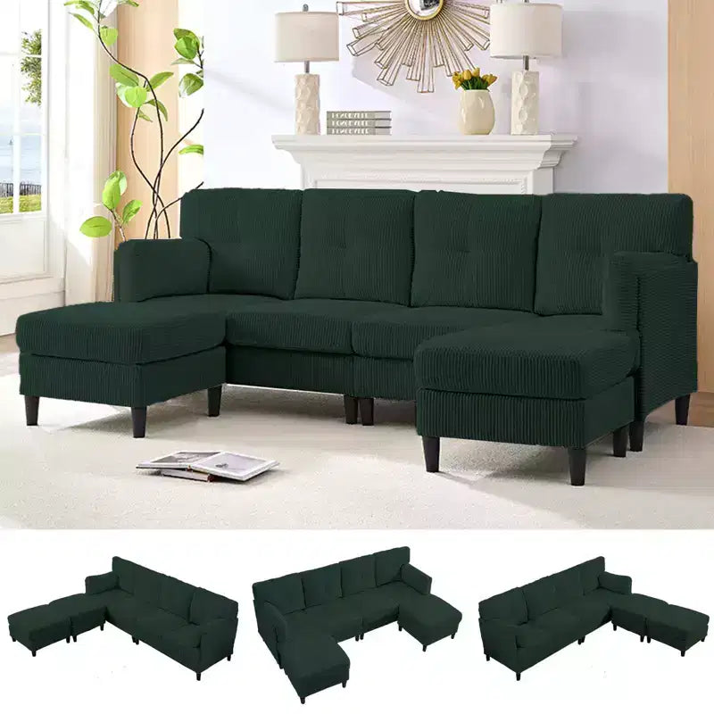 Mjkone Canapé modulable réversible en velours côtelé en forme de U, rembourré 4 places avec pouf mobile