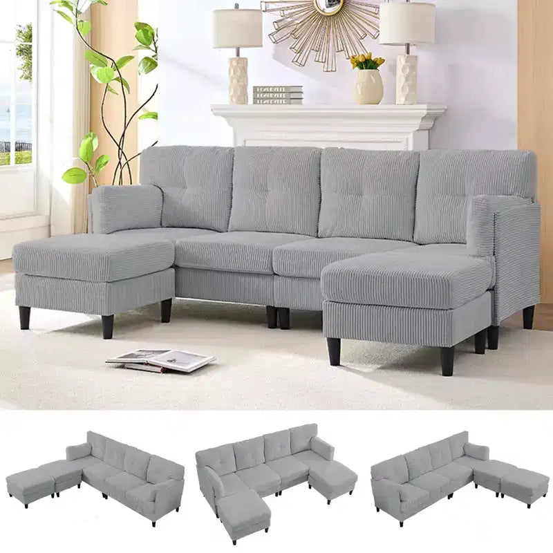 Mjkone Canapé modulable réversible en velours côtelé en forme de U, rembourré 4 places avec pouf mobile