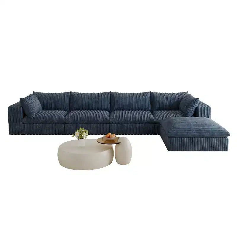 GDFStudio Jocelyn Canapé d'angle en velours côtelé 4 places avec rembourrage en plumes et pouf ottoman