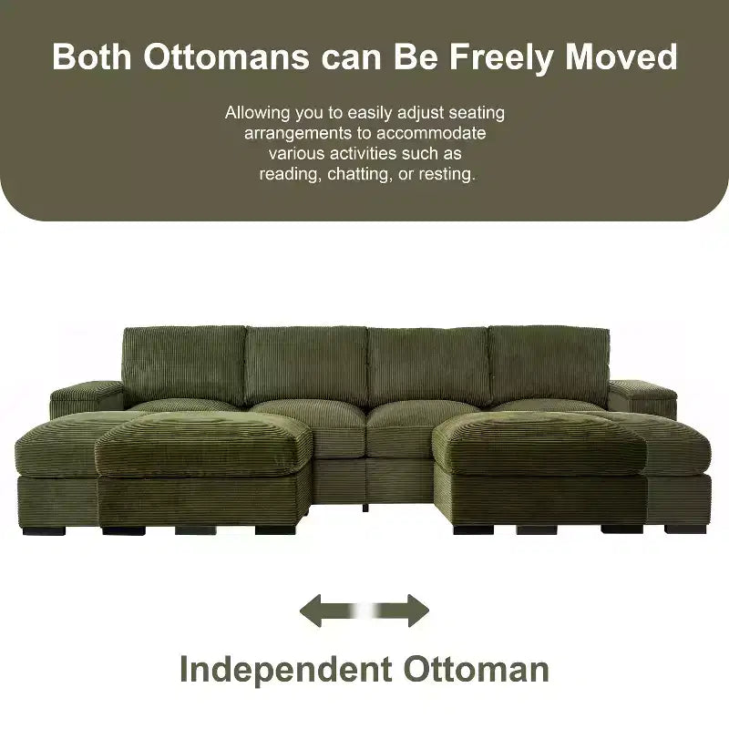 Canapé d'angle Dovelina vert à assise profonde avec ottomans pour 4 personnes