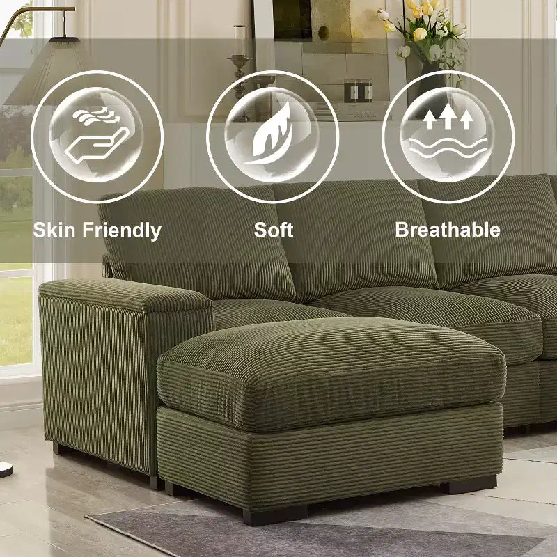 Canapé d'angle Dovelina vert à assise profonde avec ottomans pour 4 personnes