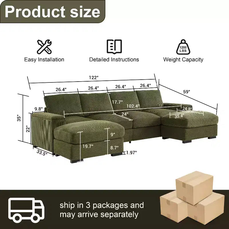 Canapé d'angle Dovelina vert à assise profonde avec ottomans pour 4 personnes