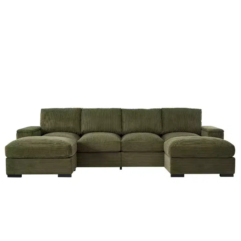 Canapé d'angle Dovelina vert à assise profonde avec ottomans pour 4 personnes