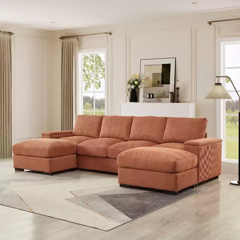 Canapé d'angle Dovelina vert à assise profonde avec ottomans pour 4 personnes
