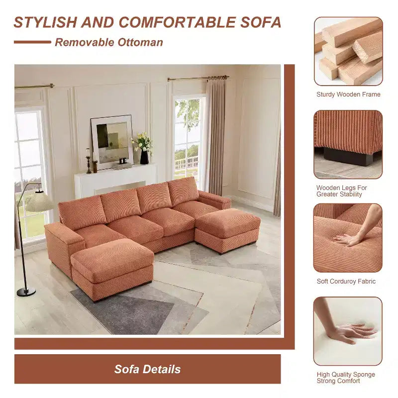 Canapé d'angle Dovelina vert à assise profonde avec ottomans pour 4 personnes