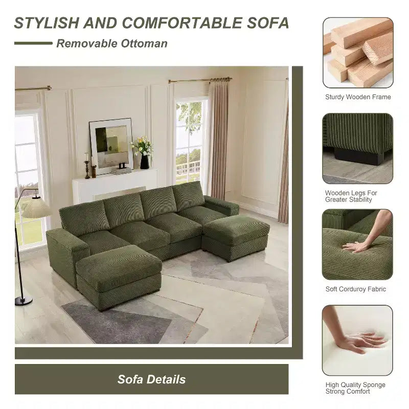 Canapé d'angle Dovelina vert à assise profonde avec ottomans pour 4 personnes