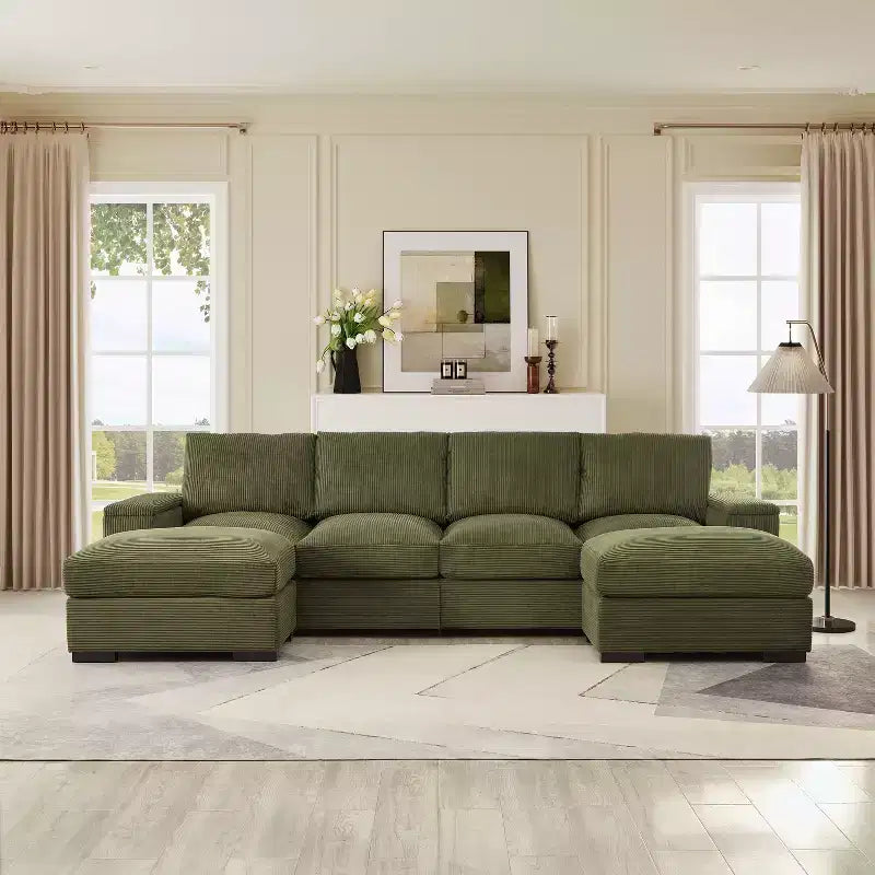 Canapé d'angle Dovelina vert à assise profonde avec ottomans pour 4 personnes