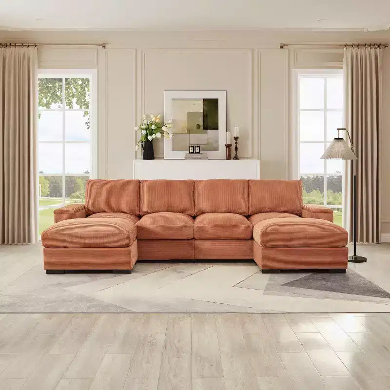 Canapé d'angle Dovelina vert à assise profonde avec ottomans pour 4 personnes