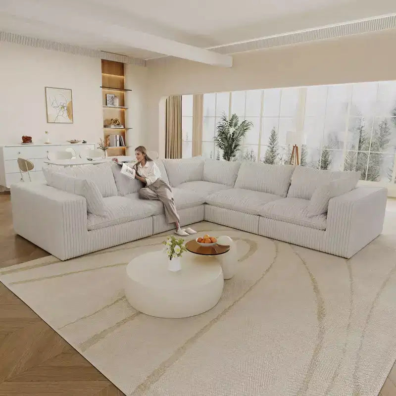 118.2 White Corduroy Fabric DIY Combination L Shape Cloud Sofa Deep Seat Couches Double-layer design Removable Cushion No Assembly