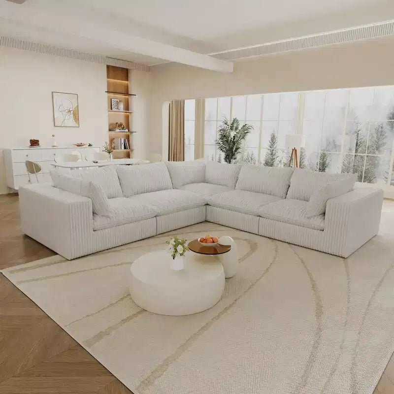 118,2 Tissu Côtelé Blanc Canapé Nuage en Forme de L Bricolage Canapés à Assise Profonde Design Double Couche Coussin Amovible Pas d'assemblage