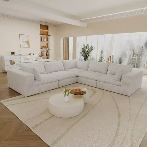 118,2 Tissu Côtelé Blanc Canapé Nuage en Forme de L Bricolage Canapés à Assise Profonde Design Double Couche Coussin Amovible Pas d'assemblage