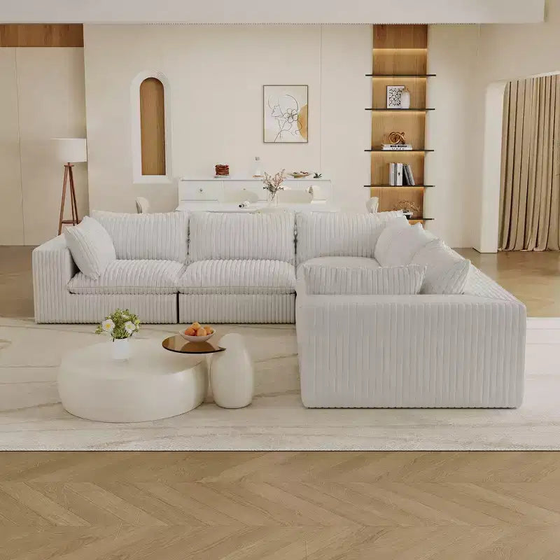 118,2 Tissu Côtelé Blanc Canapé Nuage en Forme de L Bricolage Canapés à Assise Profonde Design Double Couche Coussin Amovible Pas d'assemblage