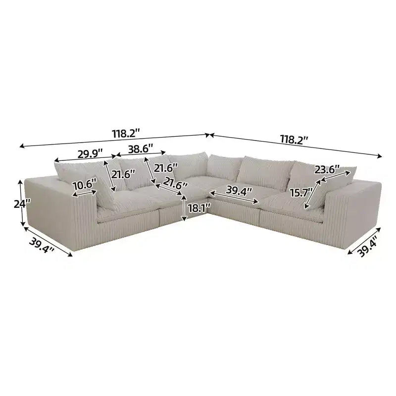 118,2 Tissu Côtelé Blanc Canapé Nuage en Forme de L Bricolage Canapés à Assise Profonde Design Double Couche Coussin Amovible Pas d'assemblage