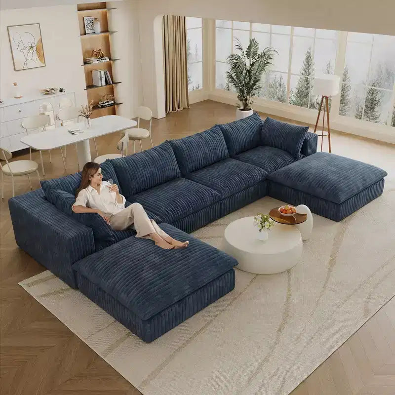 Canapé d'angle modulable en velours côtelé blanc de 4 m avec 2 poufs, grand canapé profond, design double couche, coussin amovible, aucun assemblage requis.