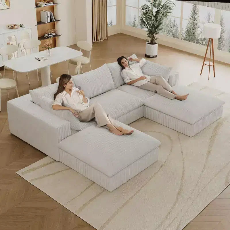 118,2 Tissu Velours Côtelé Bleu Canapé Nuage DIY Combiné avec Profondes Assises et 2 Poufs Design Double Couche Coussin Amovible Aucun Assemblage