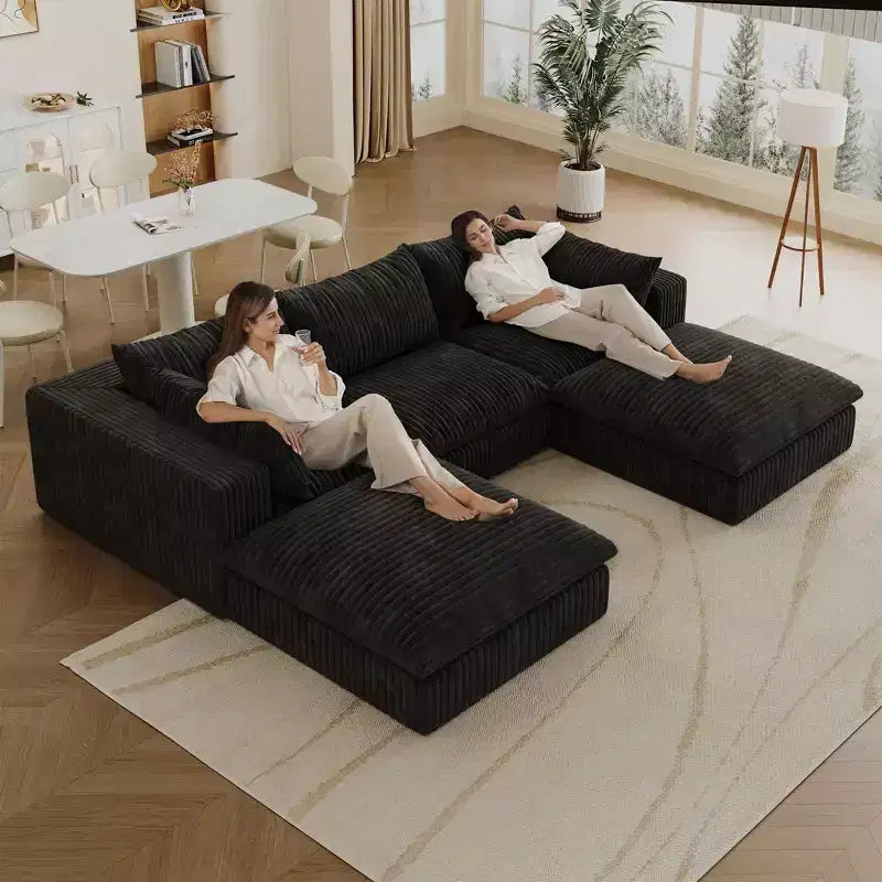 118,2 Tissu Velours Côtelé Bleu Canapé Nuage DIY Combiné avec Profondes Assises et 2 Poufs Design Double Couche Coussin Amovible Aucun Assemblage