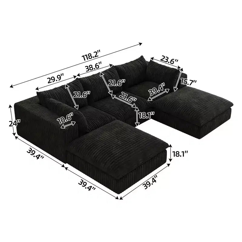 118,2 Tissu Velours Côtelé Bleu Canapé Nuage DIY Combiné avec Profondes Assises et 2 Poufs Design Double Couche Coussin Amovible Aucun Assemblage