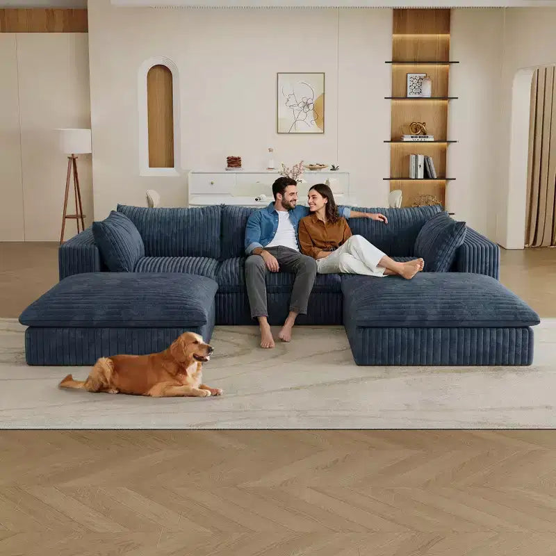 118,2 Tissu Velours Côtelé Bleu Canapé Nuage DIY Combiné avec Profondes Assises et 2 Poufs Design Double Couche Coussin Amovible Aucun Assemblage