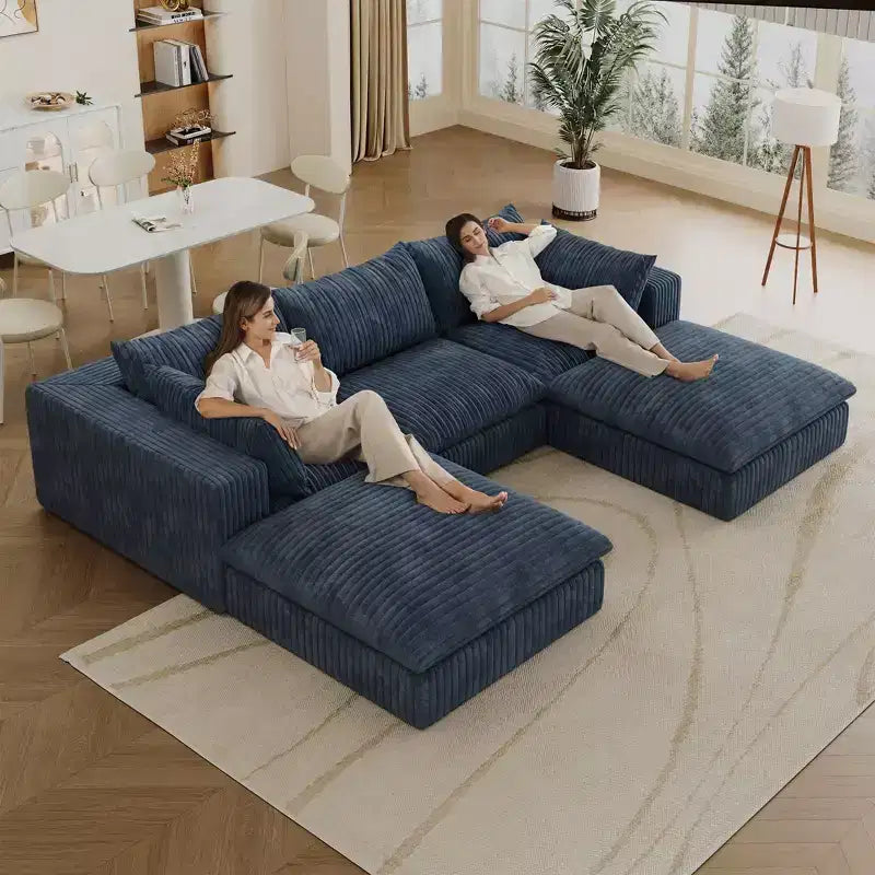 118,2 Tissu Velours Côtelé Bleu Canapé Nuage DIY Combiné avec Profondes Assises et 2 Poufs Design Double Couche Coussin Amovible Aucun Assemblage
