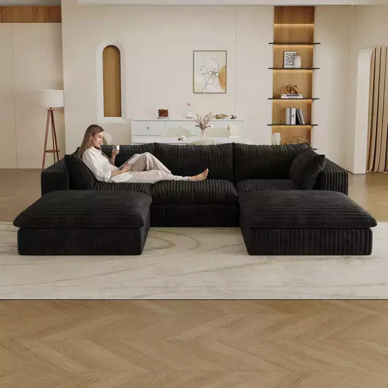 118,2 Tissu Velours Côtelé Bleu Canapé Nuage DIY Combiné avec Profondes Assises et 2 Poufs Design Double Couche Coussin Amovible Aucun Assemblage