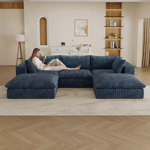 118.2 Blue Corduroy Fabric DIY Combination Cloud Sofa Deep Seat Couches with 2 Ottomans Double-layer design Removable Cushion No Assembly