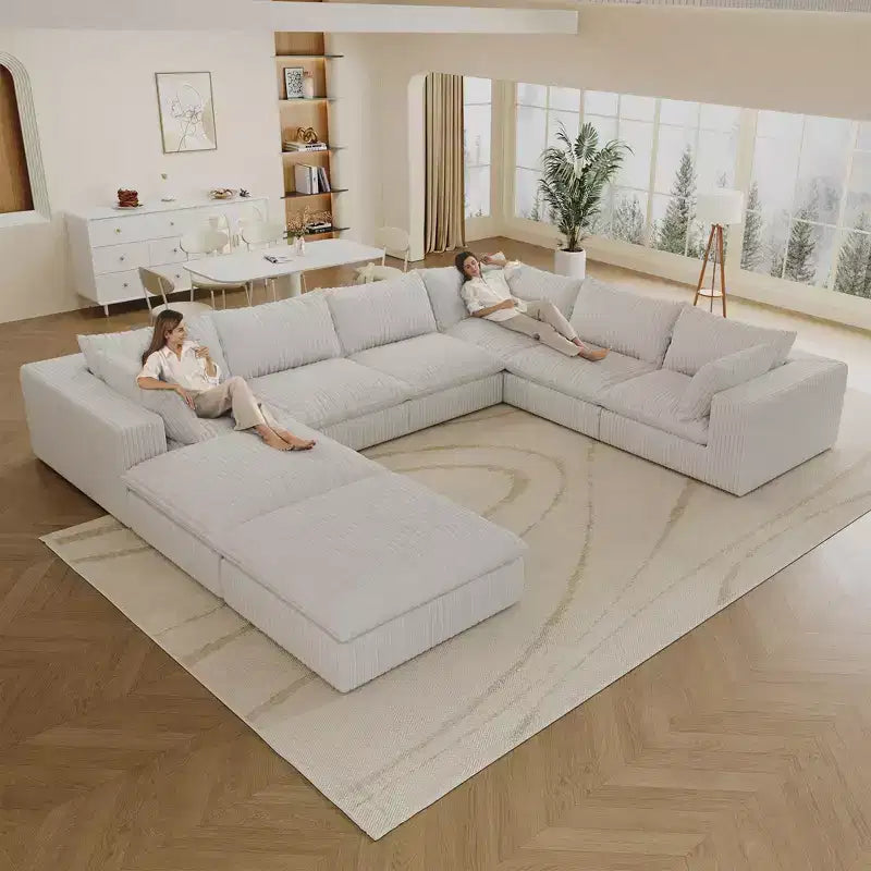 157.6 White Corduroy Fabric DIY Combination U Shape Cloud Sofa Deep Seat Couches with 2 Ottomans Double-layer design Removable Cushion No Assembly