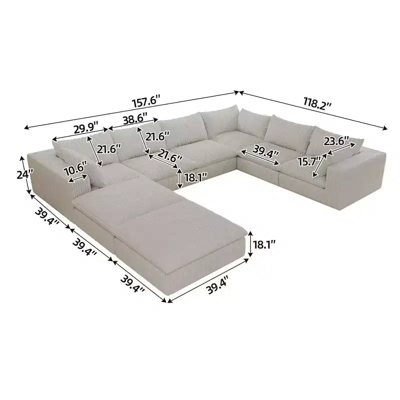 157,6 Canapé d'angle en velours côtelé blanc en forme de U avec 2 poufs, design double couche, coussin amovible, aucun assemblage requis