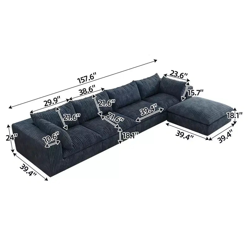 157.6 Canapé Nuage Bleu en Tissu Corduroy, Canapés Profonds avec 1 Pouf, Conception Double Couche, Coussin Amovible, Pas d'Assemblage, Combinaison DIY