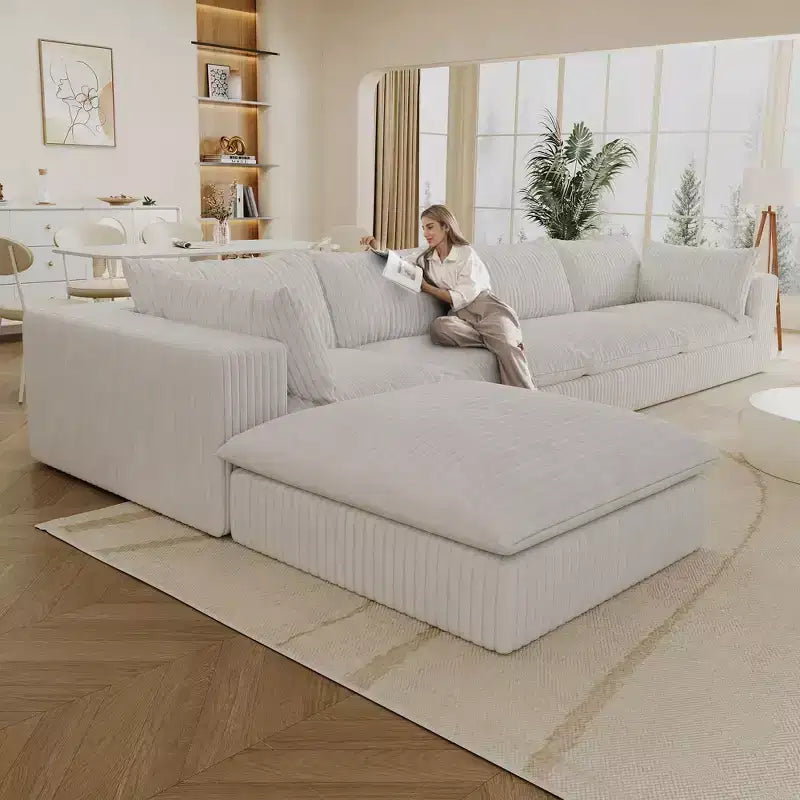 157.6 Canapé Nuage Bleu en Tissu Corduroy, Canapés Profonds avec 1 Pouf, Conception Double Couche, Coussin Amovible, Pas d'Assemblage, Combinaison DIY