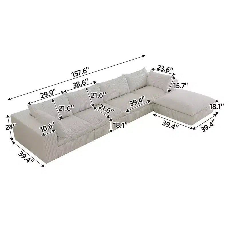 157.6 Canapé Nuage Bleu en Tissu Corduroy, Canapés Profonds avec 1 Pouf, Conception Double Couche, Coussin Amovible, Pas d'Assemblage, Combinaison DIY