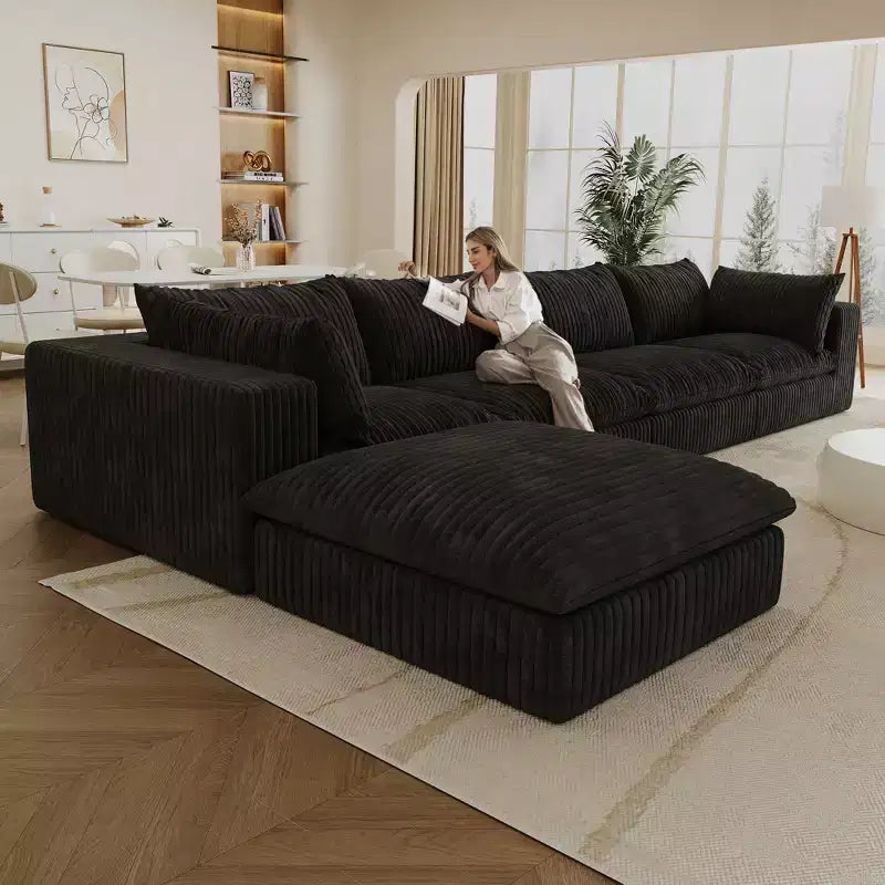 157.6 Canapé Nuage Bleu en Tissu Corduroy, Canapés Profonds avec 1 Pouf, Conception Double Couche, Coussin Amovible, Pas d'Assemblage, Combinaison DIY