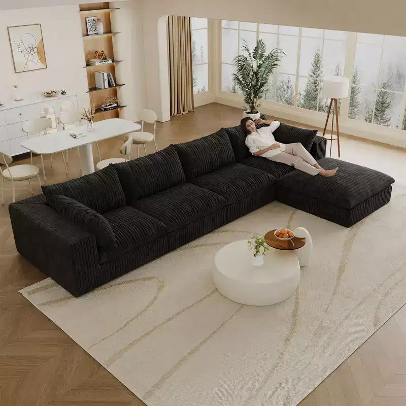 157.6 Canapé Nuage Bleu en Tissu Corduroy, Canapés Profonds avec 1 Pouf, Conception Double Couche, Coussin Amovible, Pas d'Assemblage, Combinaison DIY