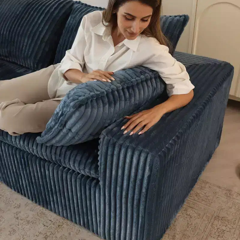 157.6 Canapé Nuage Bleu en Tissu Corduroy, Canapés Profonds avec 1 Pouf, Conception Double Couche, Coussin Amovible, Pas d'Assemblage, Combinaison DIY