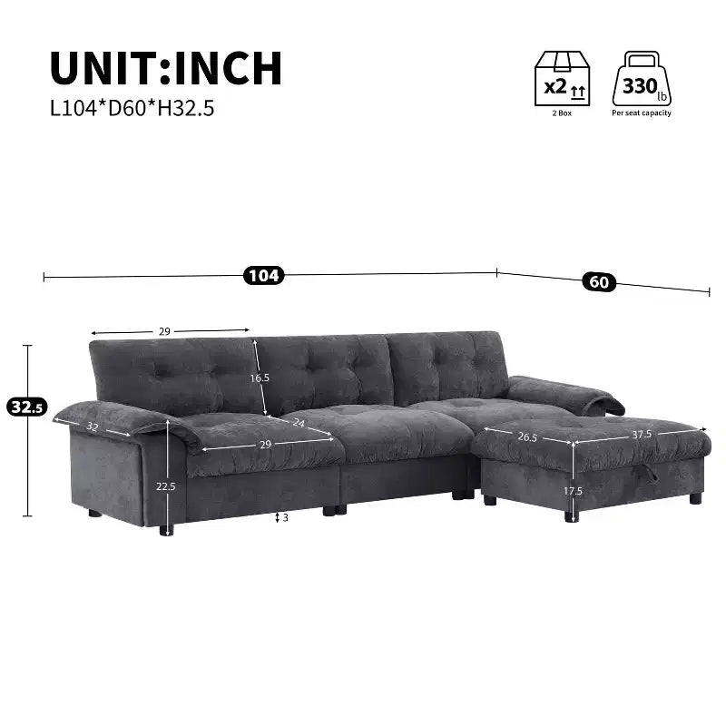 Canapé d'angle modulaire 4 places avec pouf de rangement, porte-gobelets, chargement USB et Type-C, coussins capitonnés, rangement dans les accoudoirs, revêtement doux