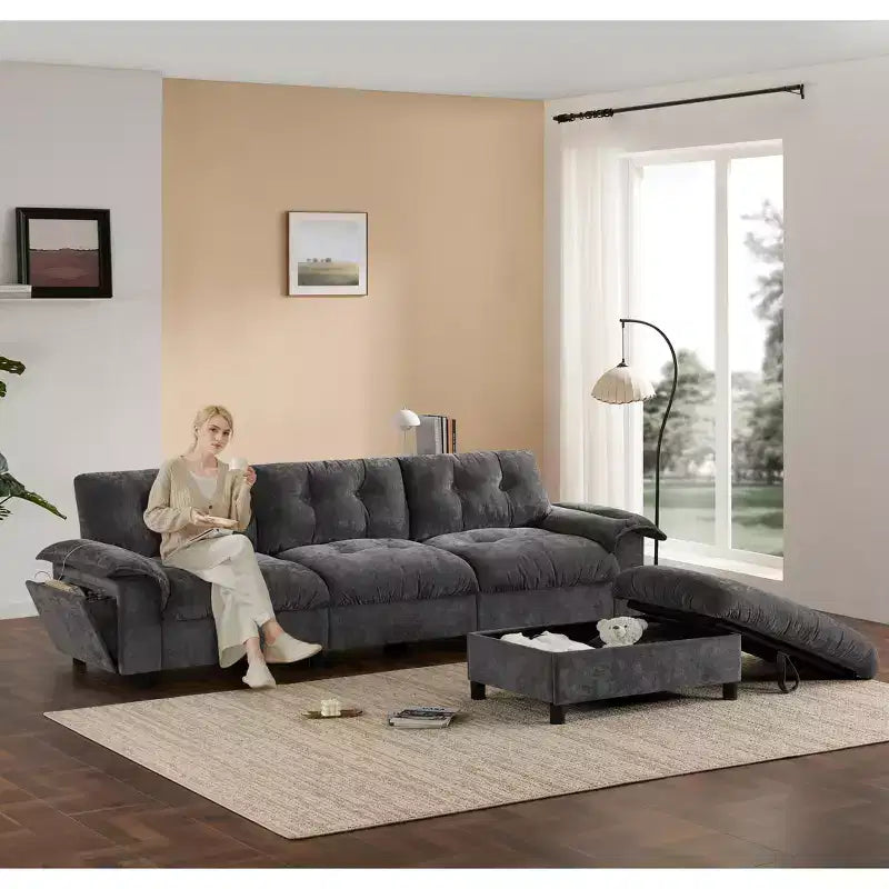 Canapé d'angle modulaire 4 places avec pouf de rangement, porte-gobelets, chargement USB et Type-C, coussins capitonnés, rangement dans les accoudoirs, revêtement doux