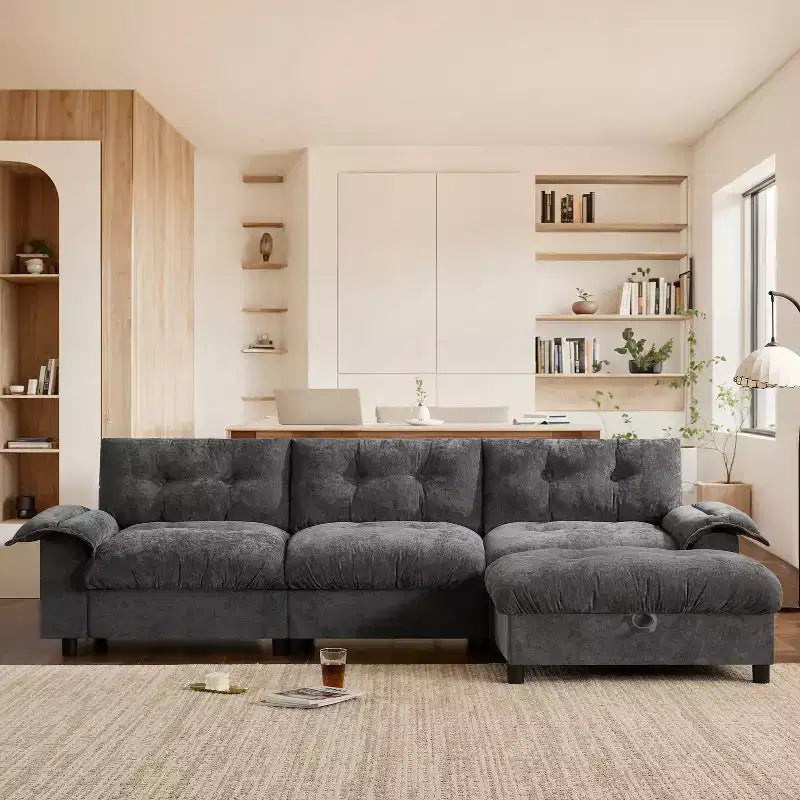 Canapé d'angle modulaire 4 places avec pouf de rangement, porte-gobelets, chargement USB et Type-C, coussins capitonnés, rangement dans les accoudoirs, revêtement doux