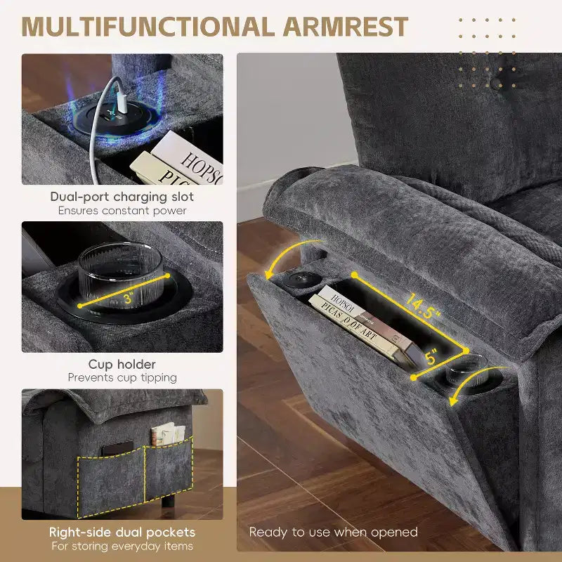Canapé d'angle modulaire 4 places avec pouf de rangement, porte-gobelets, chargement USB et Type-C, coussins capitonnés, rangement dans les accoudoirs, revêtement doux